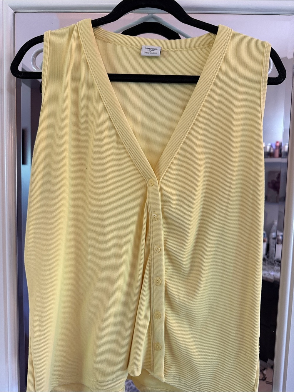 Abercrombie and Fitch Sleeveless V-Neck Button Front Top, Yellow -